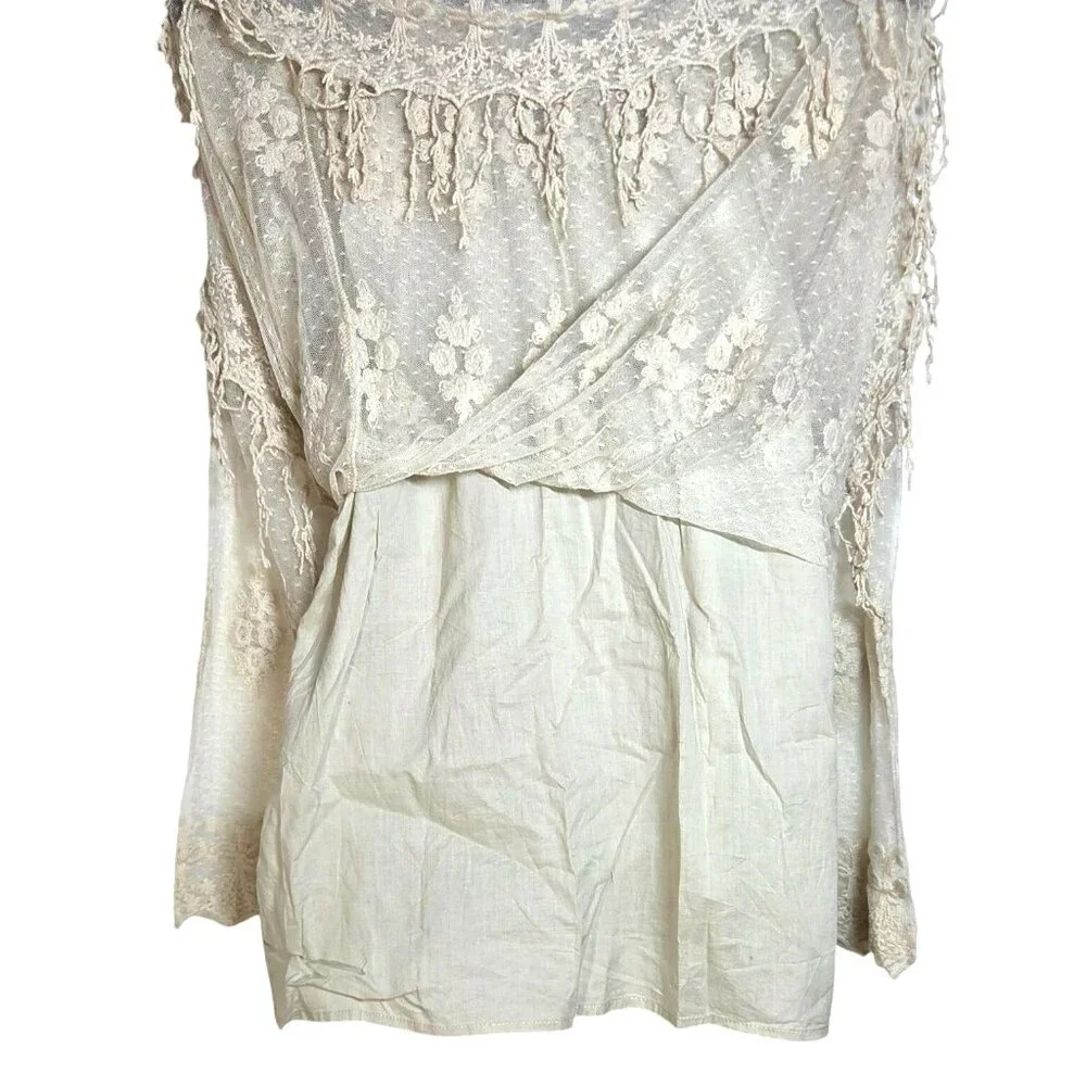 Contrast Cream Floral Embroidery Lace Long Sleeve Boho Cowgirl Mini Dress Medium - Picture 5 of 6